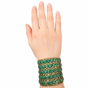 Green Multifaceted Gems Gold Beads Cuff Bracelet Stretch